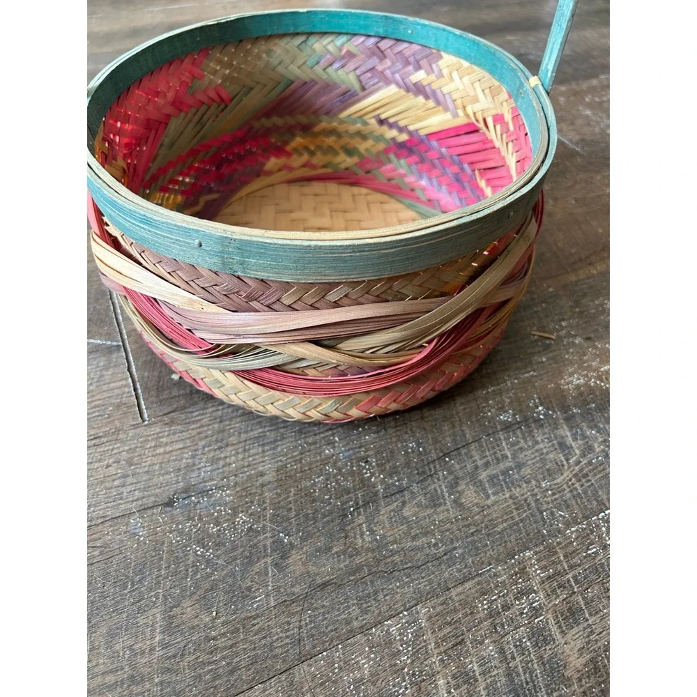 Vintage Style Woven Bamboo Basket Round Multi Color Pink Teal Braided Detail 11i
